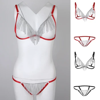 

Women's Sexy Punk Chain Tassel Harness Strappy Cage Bra Panties Set