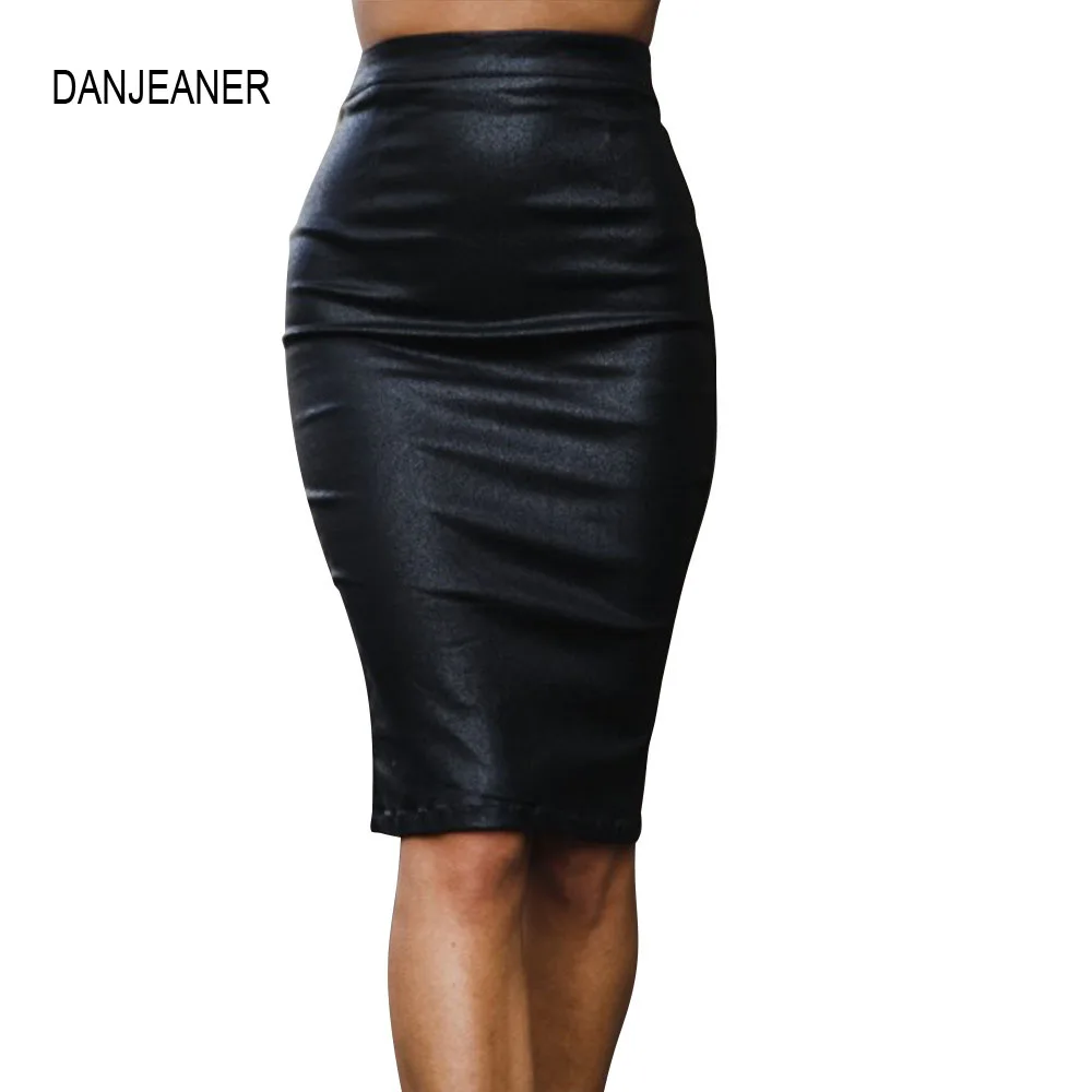 

DANJEANER Women Black PU Leather Skirt Pencil High Waist Zipper Skinny Sexy Bodycon Midi Office Skirts Knee-Length Formal Skirts