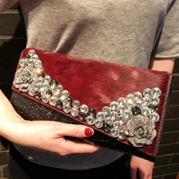 

Women Clutch Bag Diamond Horse Hair Fur Evening Wedding Clutch Purse Flower Handbag Gold Chain Envelope Party Day Clutch Bag