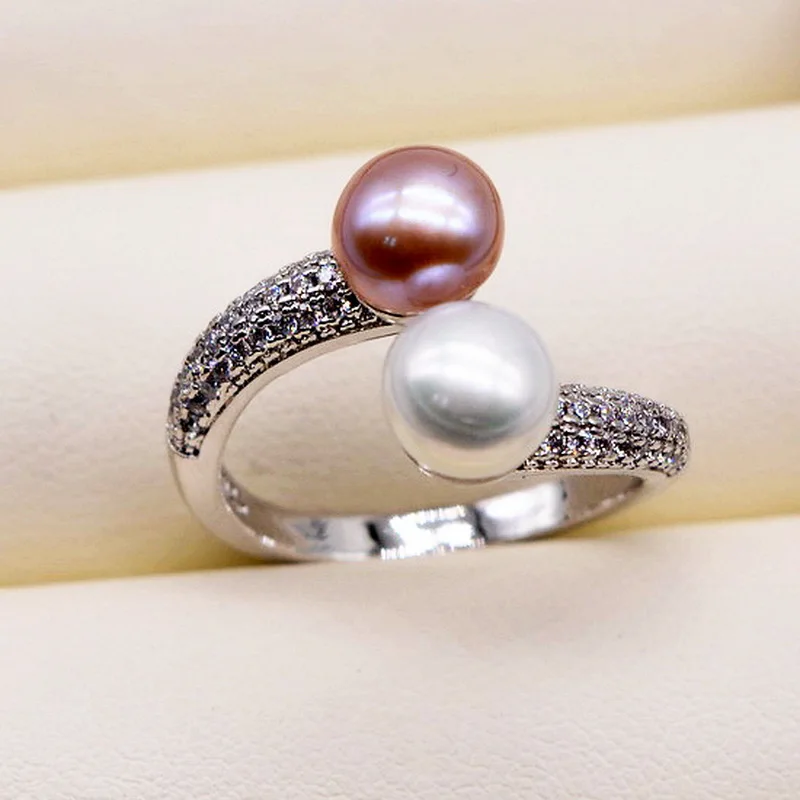 Double Pearl Rings Round Natural Freshwater Pearls Silver Rings Multicolor Pearls Zirconia Adjustable Women's silver rings silver ring