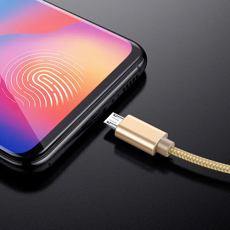 Металлическая нейлоновая оплетка микро USB кабель, рок USB кабель сплав данных зарядный кабель для samsung/Xiaomi/Meizu/huawei/htc android устройств - Цвет: Gold
