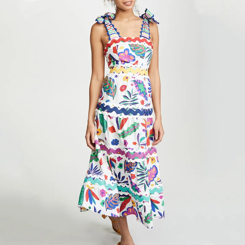 

Dresses Women Fashion Newest Women's Dress Spaghetti Strap Stylish 2019 Runway Designer dress Charming Floral Print Midi Dress