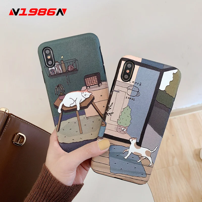 

N1986N Phone Case For iPhone 6 6s 7 8 Plus X XR XS Max Fashion Silk Texture Cartoon Cat Soft Silicone For iPhone X XR Phone Case