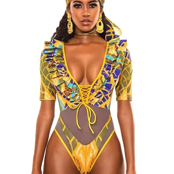 

African Print Bathers Swimsuits Deep V Ruffle One Piece Swimsuit for Women High Leg Cut Short Sleeve Monokini Push Up Swimwear