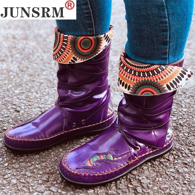 

2021 Women's Soft Totem Mid Calf Boots Big Size Woman Sewing Flat Ladies Leather Female Comfortable Shoes Women Lace Up Footwear