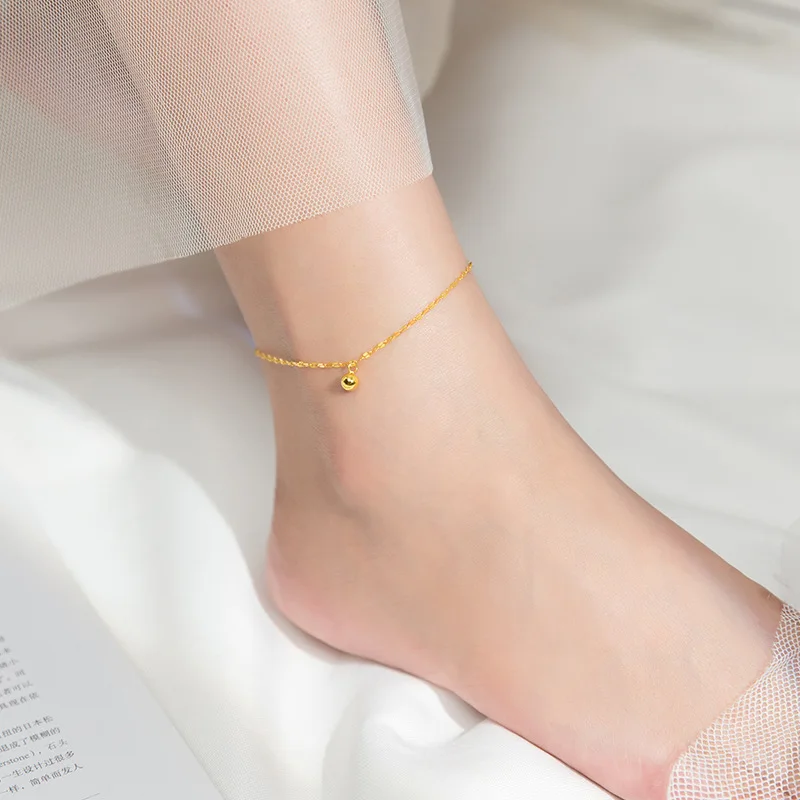 WANTME Korean Minimalism Genuine 925 Sterling Silver Golden Glossy Beads Anklet for Women Beach Party Foot Jewelry Accessories