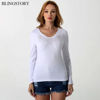 

BLINGSTORY Women Cotton Tops Crystal Bead Ladies Tee Shirt Long Sleeve Cotton T-shirt Female S-6XL