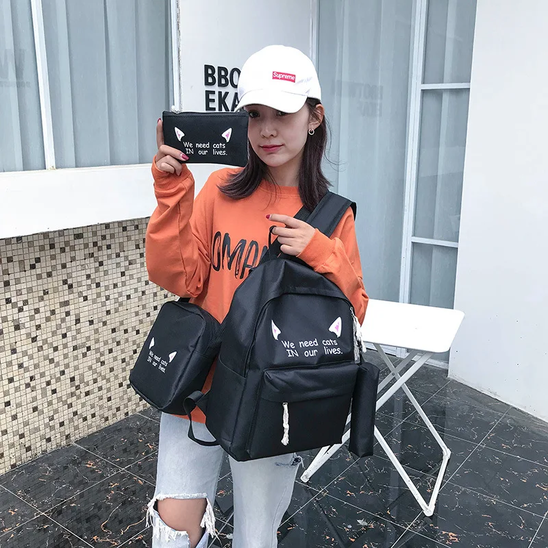

Cute Cat Ear Backpack Casual Lettered Canvas Backpack Campus Women's School Bag Four-piece Set Different Size Bags