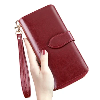 

Fashion Wallet Genuine Oil Wax Leather Wallets Women Purse Wallet Phone Bag Red Black Card Holder Female Long Zipper Coin Pocket