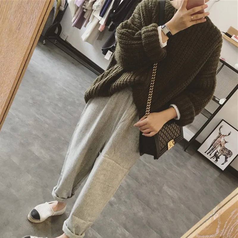 Women Autumn Winter Retro Knitted Sweater Long Sleeve Solid Color Long Pullovers Sweater