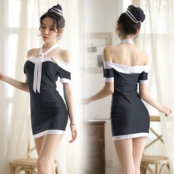 

Hot New Flight Attendant Role Play Dress Women Erotic Sexy Uniform Costume Sexy Lingerie Hollow Porno Air Hostess Underwear