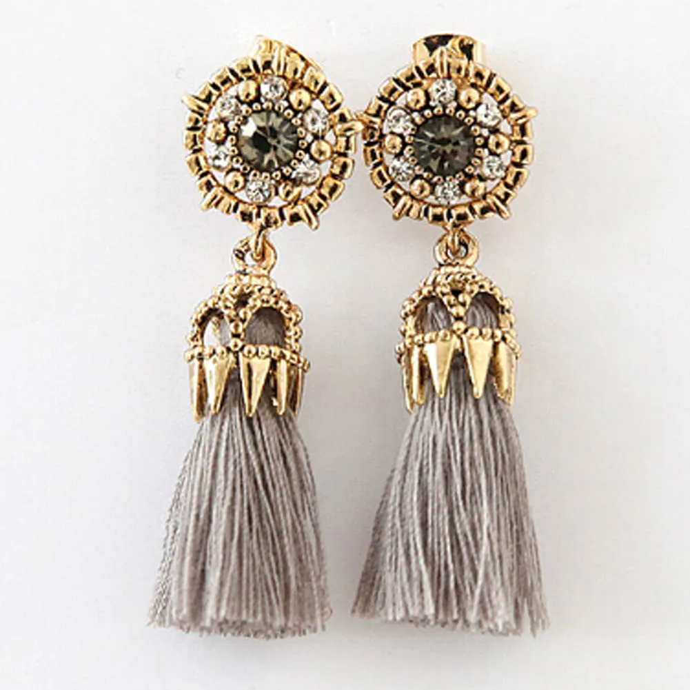 

Bohemian Vintage Accessories Long Drop Tassel Earrings Beautiful Metal Hollow Out Rose Rhinestone Brinco For Women