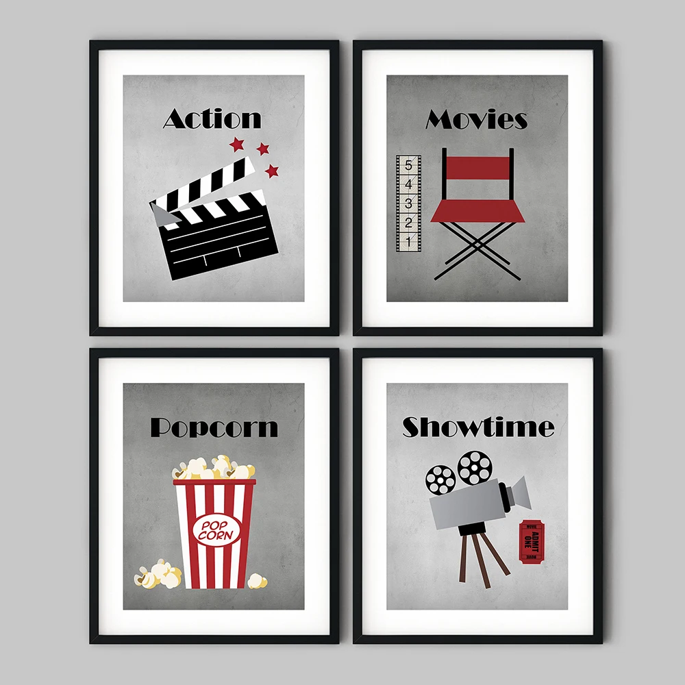 

Movie Theater Vintage Art Canvas Painting Wall Picture Popcorn Film Clapper Poster Retro Home Decoration For Cinema Living Room
