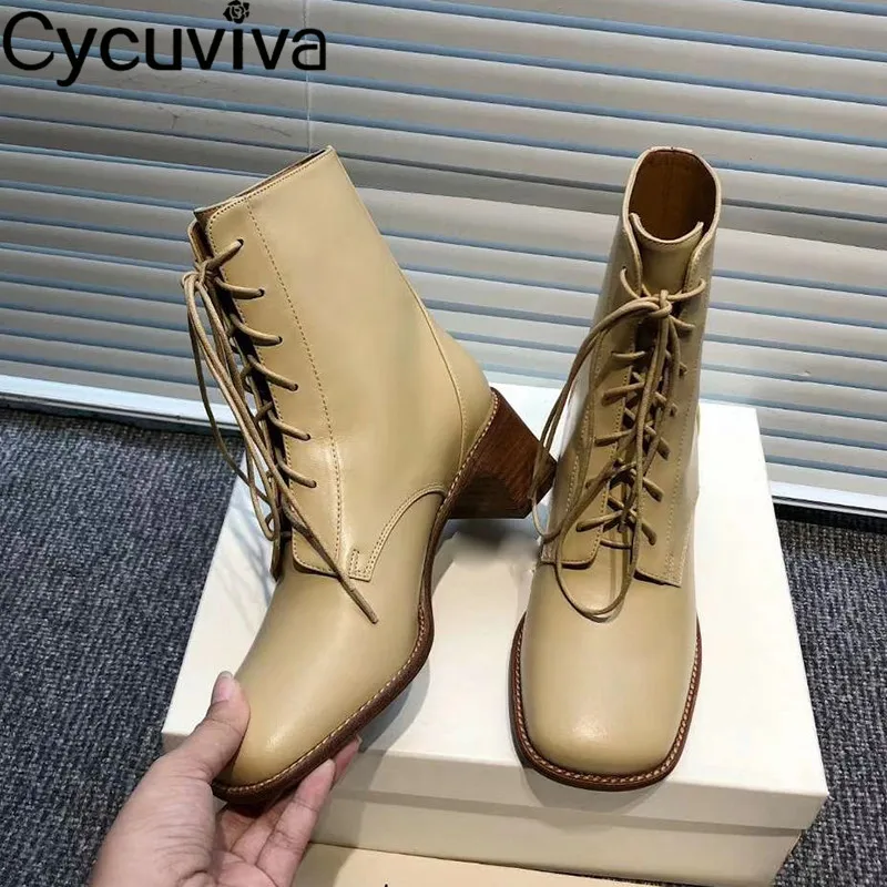Women Boots Classic Square Toe Ankle Boots Genuine Leather Chunky Wedge Heel Motorcycle Boots Runway Party Winter Shoes Woman - Цвет: nude
