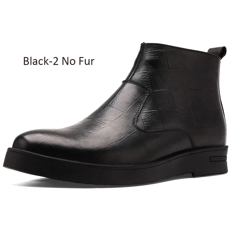 CLAXNEO/мужские кожаные модные сапоги на молнии; мужская кожаная обувь; модельные туфли из натуральной кожи; зимняя обувь; плюшевый мех; большие размеры - Цвет: Black-2 No Fur