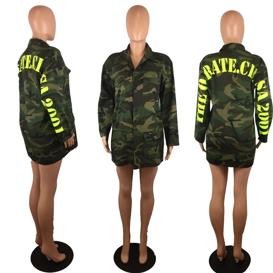 Women's Green Camouflage Long Jackets Plus Size Long Sleeve Camo Streetwear Coat femme