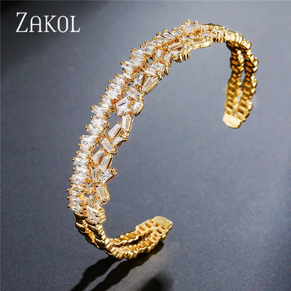 Bangle Gold Color ZAKOL Уникальный многослойный браслет-багет, Набор колец и браслета с кубическим цирконием для женщин и мужчины, Модные браслеты, Ювелирный подарок FSSP341 - Окраска металла: Bangle Gold Color