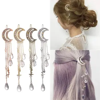 

1 PC Women Moon Shape Tassels Headwear Alloy Rhinestone Beads Hair Clip For Daily Life Wedding Engagement Party