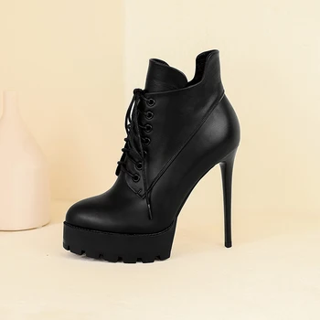 

Rouned Toe Sexy cow Leather Cross-tied Women Ankle Boots Autumn Winter Warm Thin Heels platform Shoes Woman