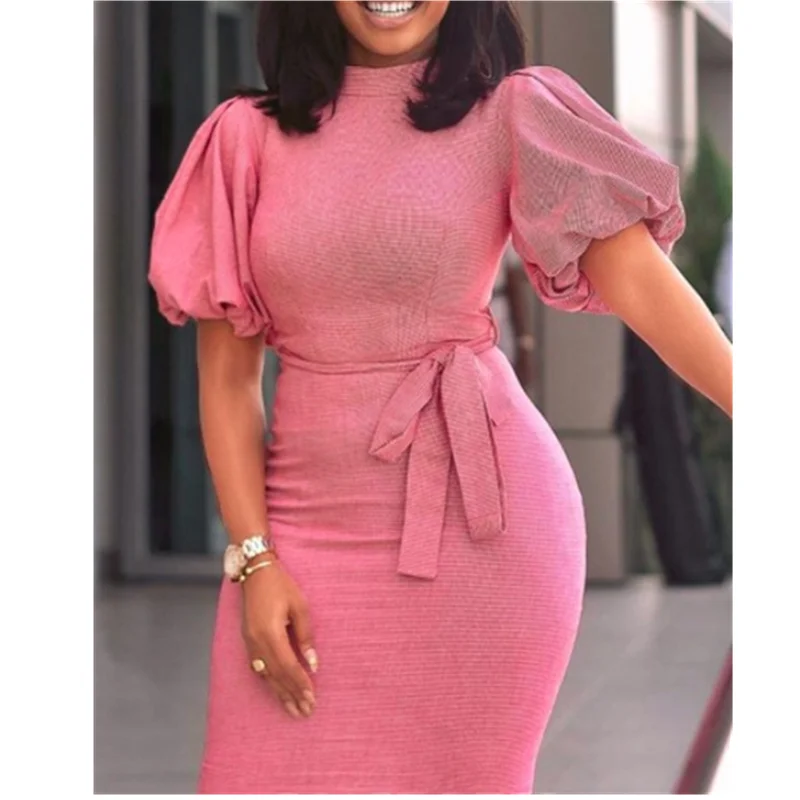 

Dress Bodycon Lantern Short Sleeves with Sashes Women Modest Ladies Package Hip Office Lady Elegant Classy Midi African Fashion