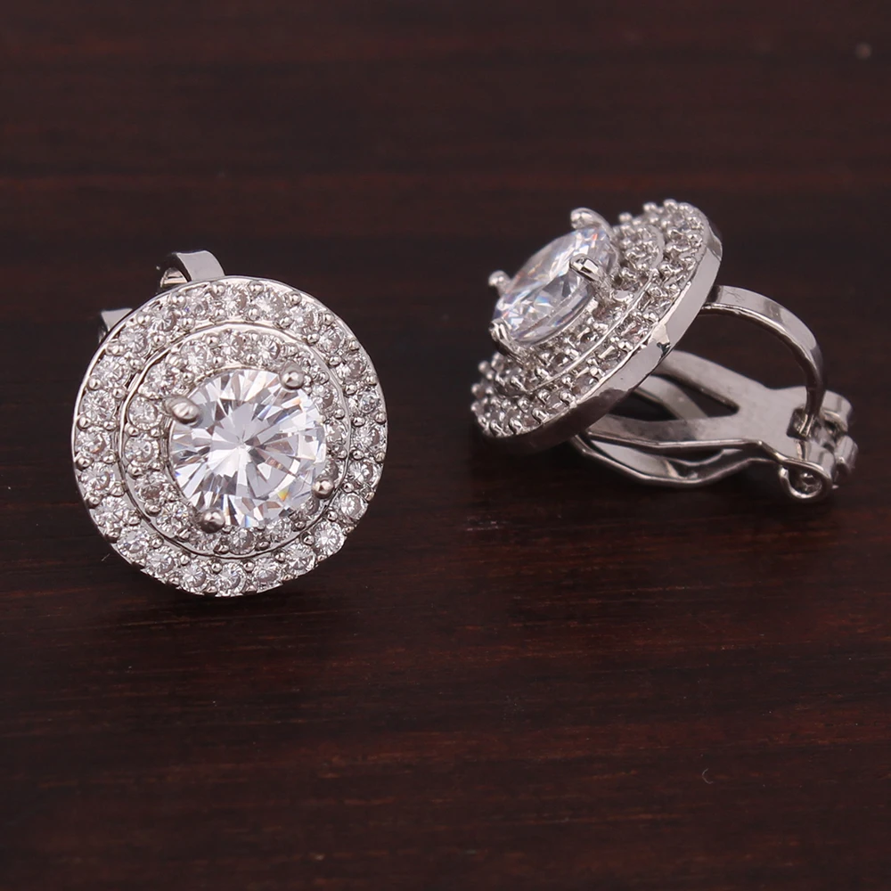 GRACE JUN Circle Geometric Clip on Earrings No Pierced Luxury Fashion Bride Wedding Cubic Zircon No Hole Earrings