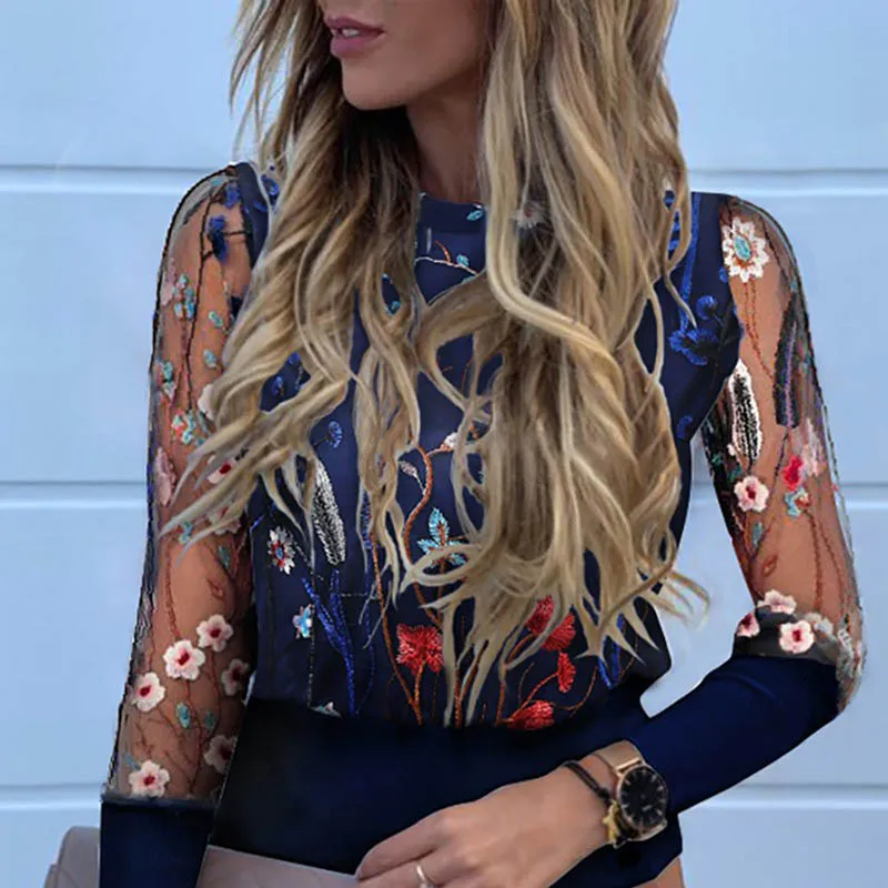 Женские модные, прозрачные блузки с длинным рукавом в сеточку, сексуальные топы с рукавом-фонариком, винтажные мешковатые блузки с рукавом в горошек и круглым вырезом - Цвет: Embroidery Dark Blue