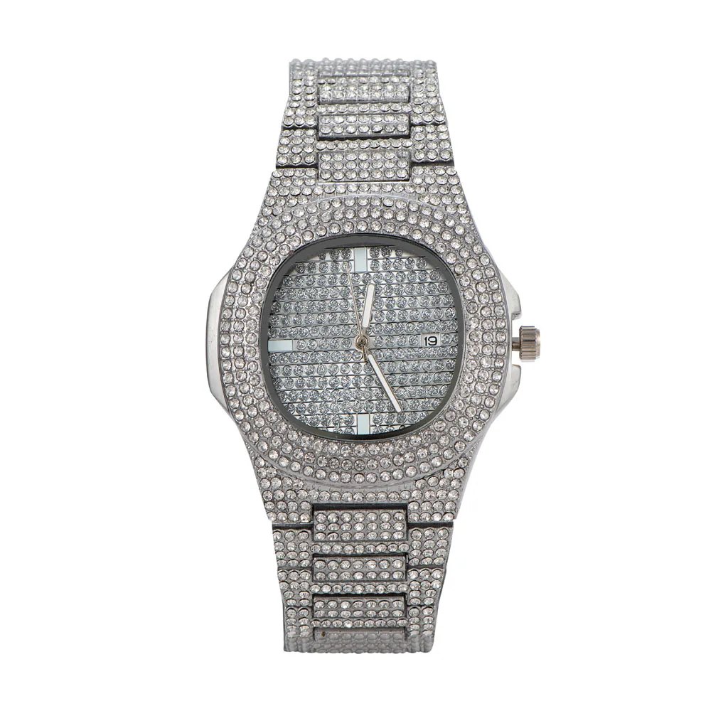 Silver Часы в стиле хип-хоп золотого, Серебряного и черного цветов с фианитом высокого качества для мужчин - Цвет: Silver