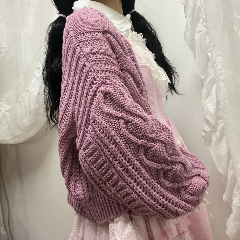 Sweet Japanese Autumn Cardigan Sweater Loose Women Jumper Jacket Long Sleeve Single-breasted V-neck Knit Coat for women - Цвет: purple red