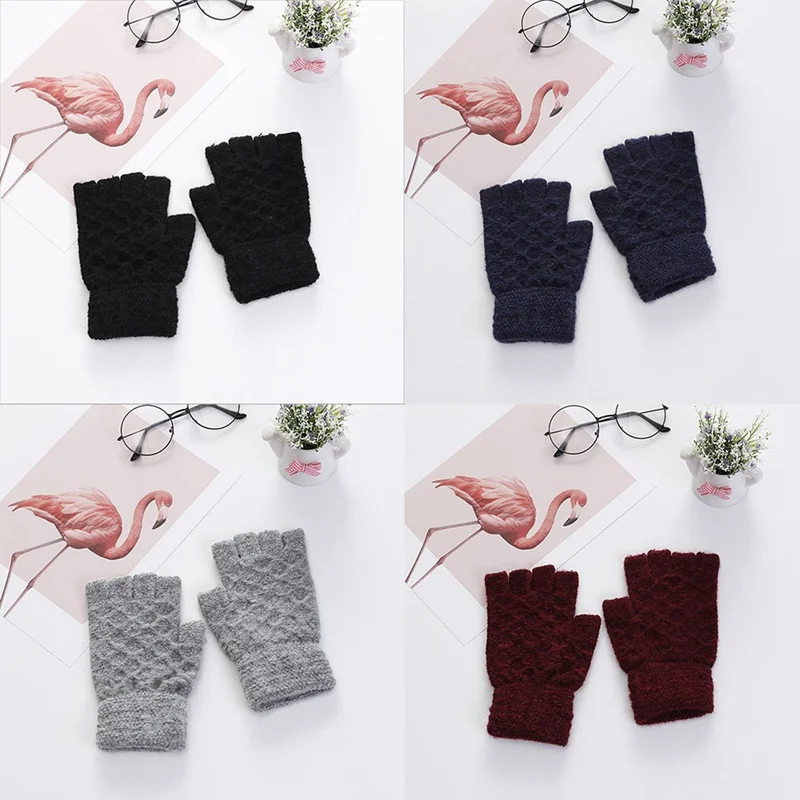 Unisex Warm Men Women Solid Winter Knitted Fingerless Stretchy Elastic Knitted Half Finger Thermal Gloves