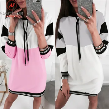 

Women Casual Long Hoodies for Streetwear Color Matching Patchwork Design Hooded Decor O-Neck Long Sleeve Autumn Winter Warm Top