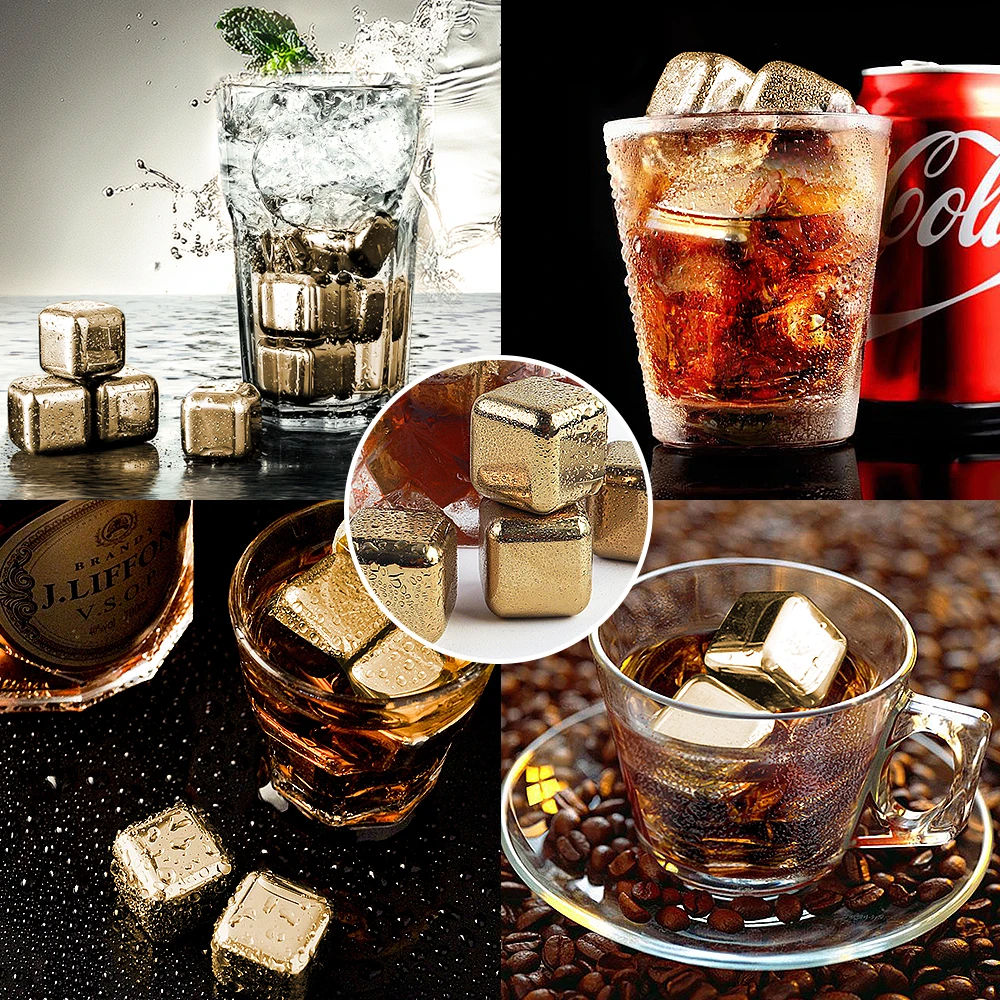 Golden Reusable 304 Stainless Steel Whisky Stones With Tongs Food Grade Quick Frozen Chilling Ice Cube Cooler For Wines & Drinks