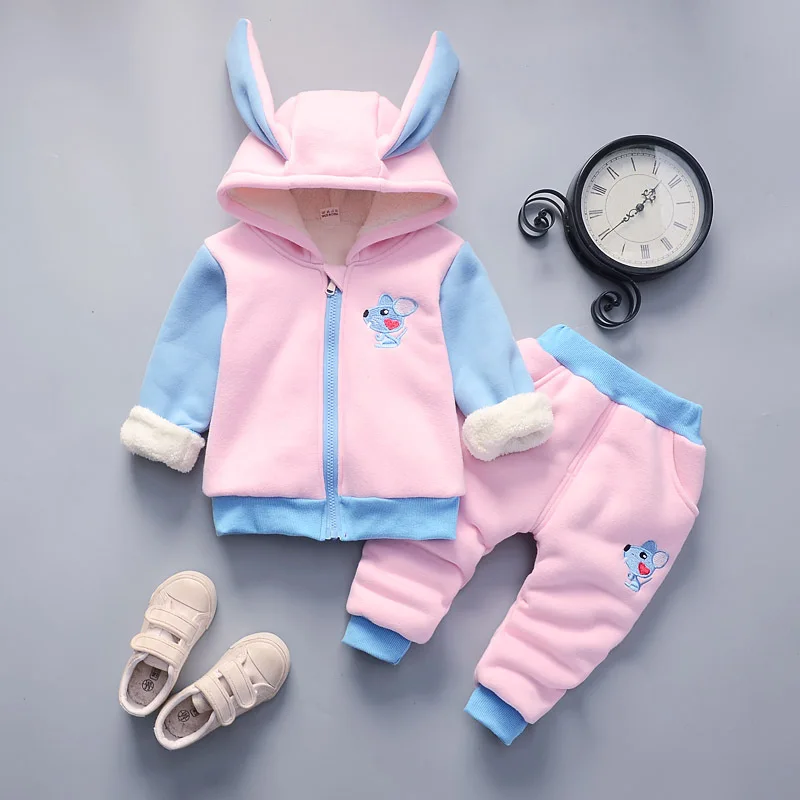 

2019 Autumn New Style Childrenswear Korean-style Mickey Mouse-Hoodie Pink Double Layer Brushed And Thick Winter Two-Piece Set