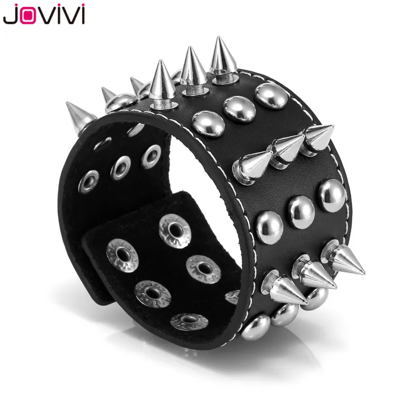 Jovivi 1x для мужчин и женщин Шипованная цепочка с заклепками Череп Демон Спайк из натуральной кожи панк рок Готический Байкер Широкий браслет манжета Регулируемый