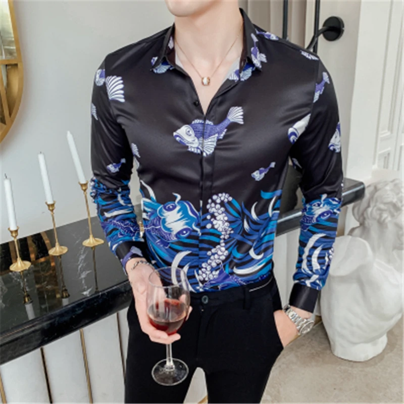 

Men Dress Shirt Long Sleeve Men Shirt Slim Fit Patchwork Print Designer Shirts Black Streetwear Club Camisas Para Hombre 2020
