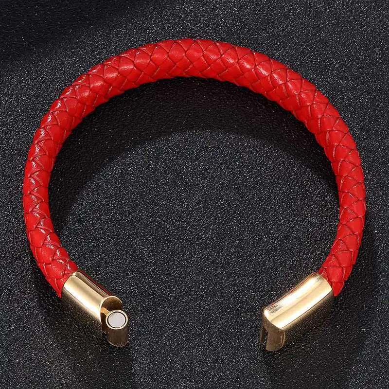 Популярный товар, мужские и женские ювелирные изделия, красный плетеный кожаный браслет, золотой, нержавеющая сталь, магнитная застежка, модные браслеты с подвесками SP0228