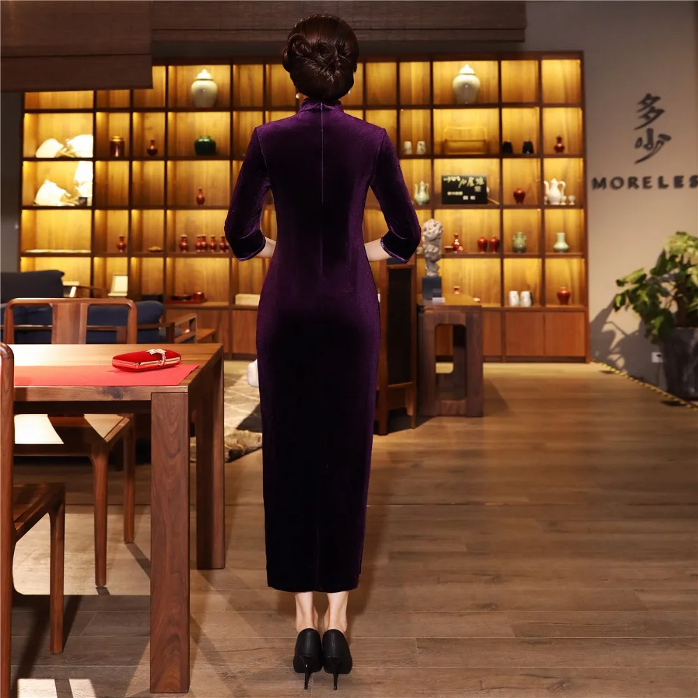 Шанхай история бархат Cheongsam китайское платье вышивка Qipao длинное