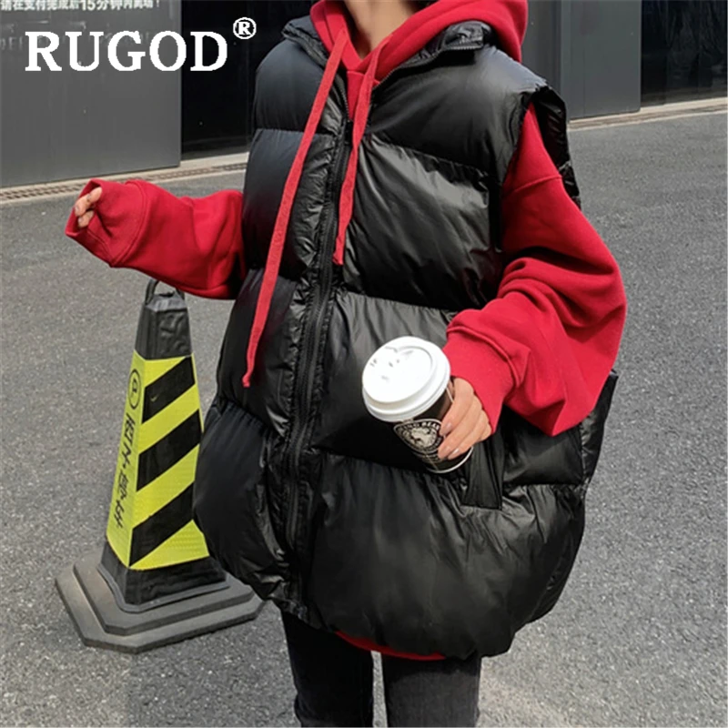 RUGOD, зимнее женское хлопковое пальто, корейское, ins, одноцветное, без рукавов, стеганое пальто, женское, винтажное, со стоячим воротником, свободный, теплый, женский жилет