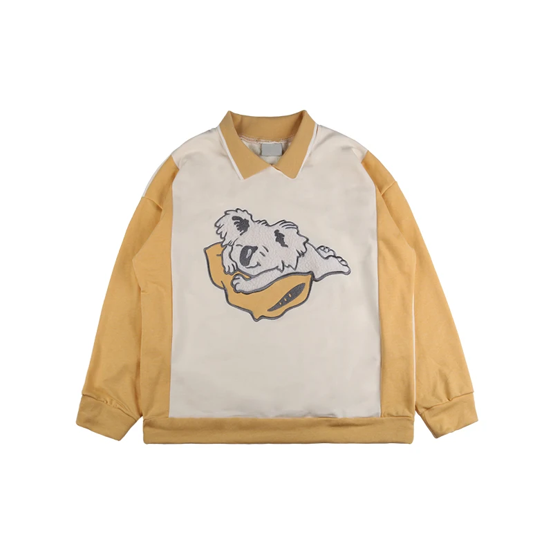 Yellow Японский принт коала, сочетающиеся цвета, для молодых девушек, длинный рукав, толстовка, женская, осенняя, мягкая, сестра, поло, воротник, пуловер, топы - Цвет: Yellow