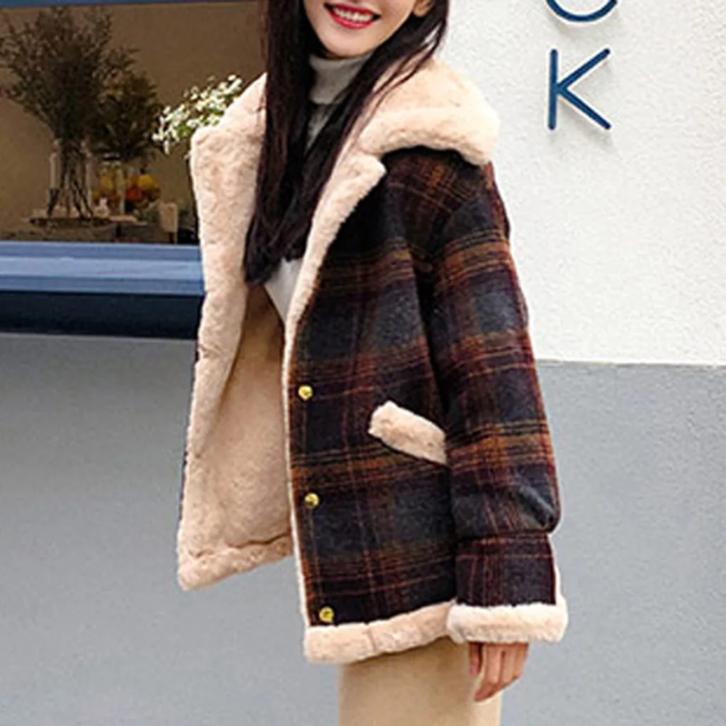 Womail Fashion теплая зимняя утепленная плюшевая куртка Для женщин женская клетчатая одежда со вставками, одежда для детей Верхняя одежда; Пальто Ретро Femme плюшевая куртка для девочек, пальто