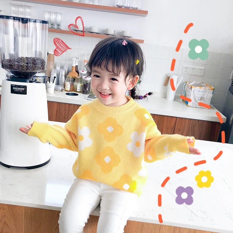 

New Flower Korean Children Sweater Autumn And Winter Style Core Spun round Neck Girl 's Knitting sweater girls dress