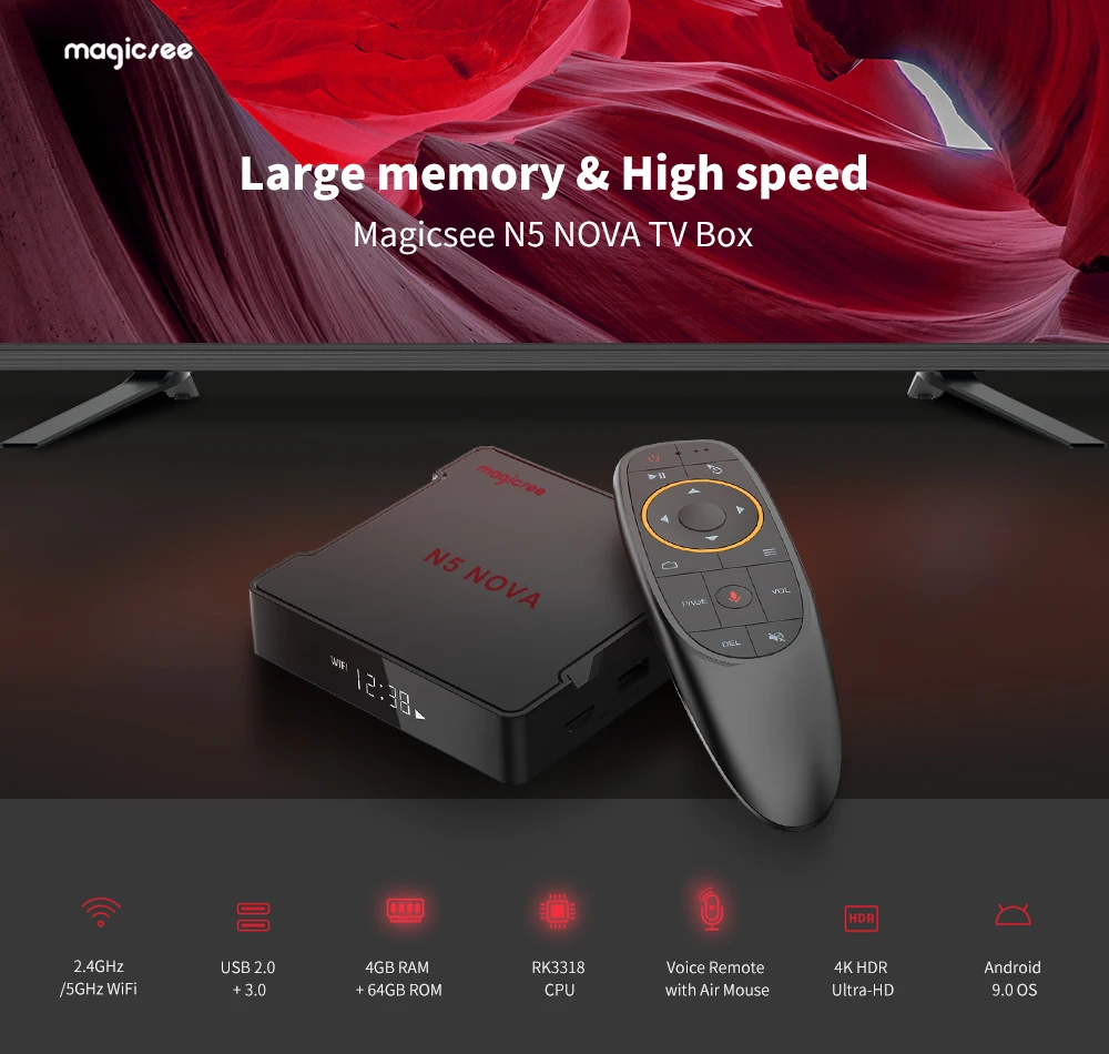 Magicsee N5 NOVA Android 9.0 TV Box Rockchip3318 4GB RAM+64GB ROM 2.4GHz+5GHz WiFi Bluetooth 4.0 Support 4K 2.4G Voice Remote