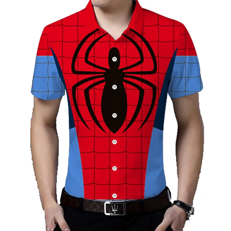 

Mens Gothic Shirt Funny Spider Man Button Down Shirts Summer Short Sleeve Casual Slim Fit TV Cosplay Superhero 3d Camisa Hombre