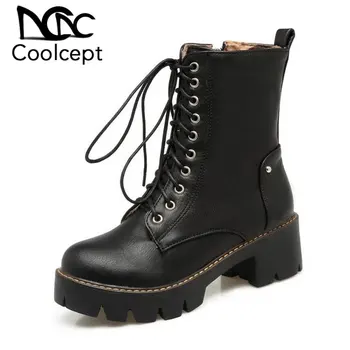 

CoolCept Women Ankle Boots Brand New Fall Winter Casual Square Heels Platform Shoes Women Zipper Knight Short Boots Size 34-43