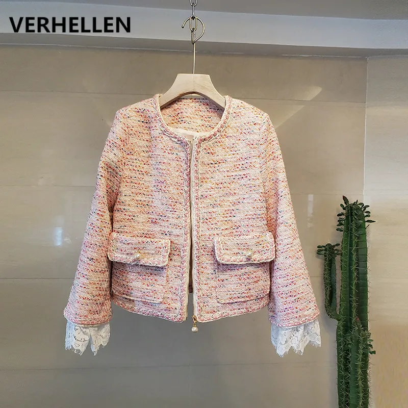 VERHELLEN, высокое качество, модный подиум, весна-осень, женский длинный рукав, с кружевами, розовый твид, короткая куртка и пальто для женщин