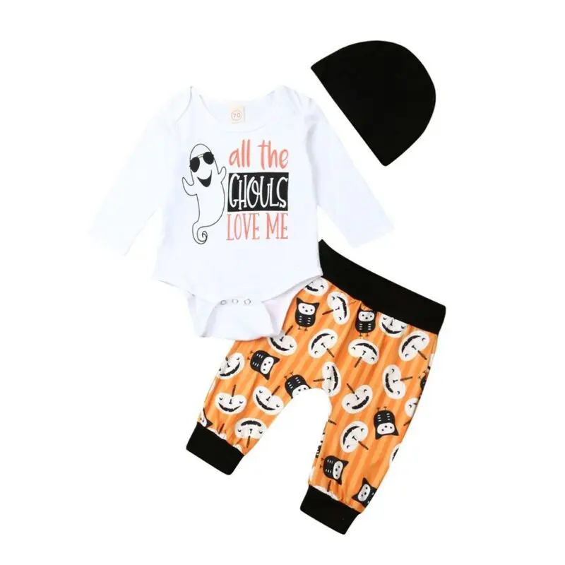 0-24M Halloween Newborn Baby Boy Girl Clothing Set Letter Long Sleeve Romper + Cartoon Pants+ Hat Infant Baby Costumes