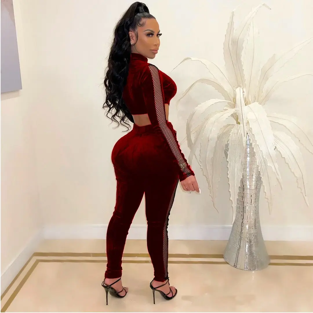

Sexy Cut Out Backless Velvet Jumpsuit Women Mesh Patchwork One Piece Sweatsuits 2021 Fall Joggers Harajuku Tracksuits Streetwear