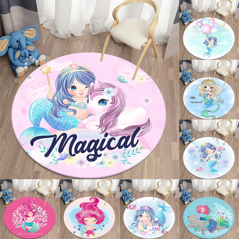 

Cartoon Round Carpet Mermaid Unicorn Printed Area Rugs Kitchen Bedroom Carpet Living Room Children's Rugs Kids Play Mat