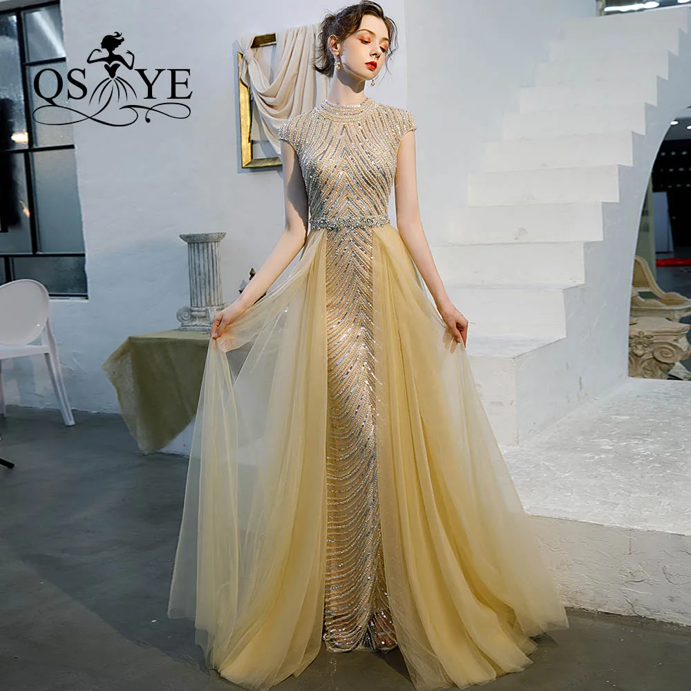 QSYYE2019 ever pretty Long Prom Платья Тюль o-образным вырезом корт Поезд Труба украшенное бисером с длиной до пола формальное вечернее платье вечерние платья - Цвет: same as pictures