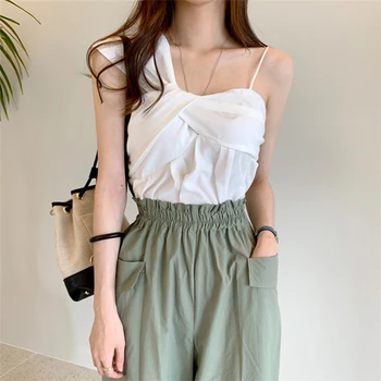 

ZCWXM New 2020 Spring Summer Women Vest Solid Multi Colors Tank Sexy Basic Irregular Bottoming Pleated Short Tops New