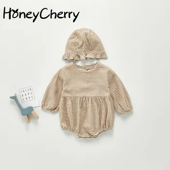 

2020 Autumn Baby Romper Girl Baby Plaid One-Piece Suit Crawling Clothes Fashion Outfits have hat little girls clothing